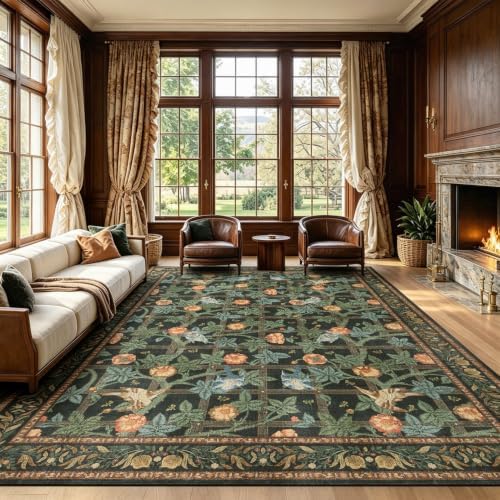 9x12 Washable Area Rug, Green Floral Vintage Rug for Living Room Bedroom by LAISE