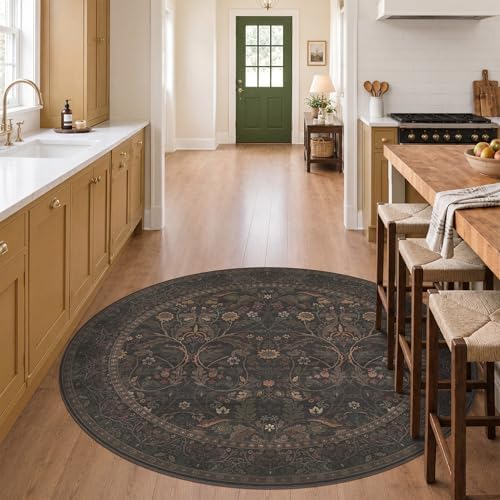 Brown Floral 6ft Round Rug for Living Room Kitchen Dining Room Under Table, Thin Low Pile Soft Botanical Patern Area Rug for Living Room Bedroom, Traditional Home Décor Non Skid (Black and Brown) - Image 3