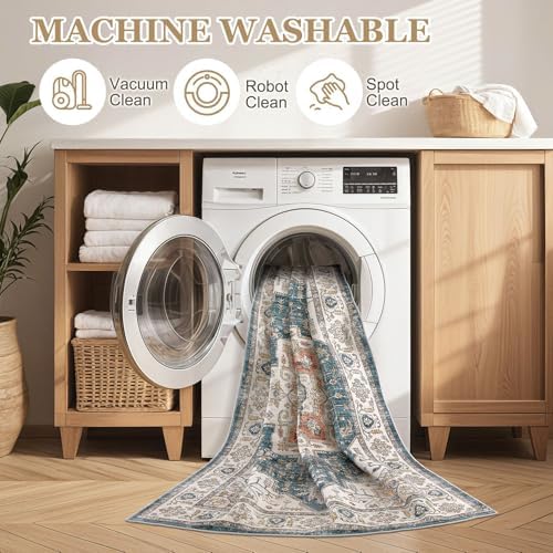 10x12 Area Rugs for Living Room: Washable Vintage Soft Blue Rug - Image 2