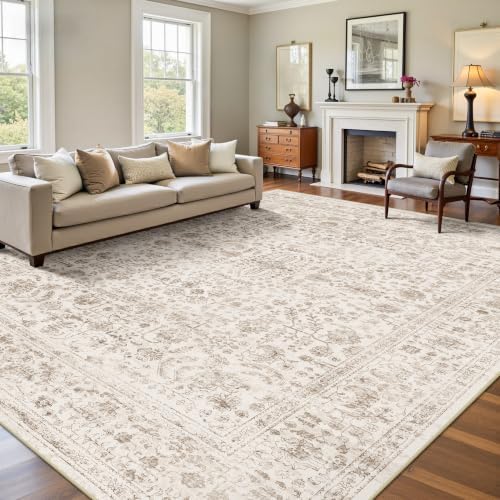9x12 Area Rugs for Living Room, Washable Vintage Retro Floral Rug, Low Pile Non Slip Distressed Large Carpet for Bedroom, Dining Room, Office, Home (Light Brown) by Yarooge