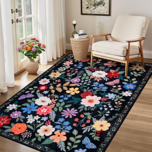 PLHXFR Area Rug Living Room: 3x5 Floral Washable Boho Soft Carpet Black - Image 4
