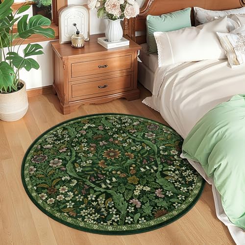 Round Rug 4ft Floral Circle Rug Green Botanical Indoor Area Rug - Image 2