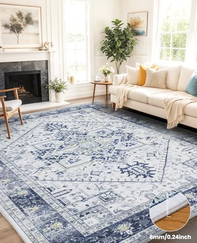 Amada Large 8x10 Washable Area Rug for Living Room, Blue, Vintage Pattern - Image 3