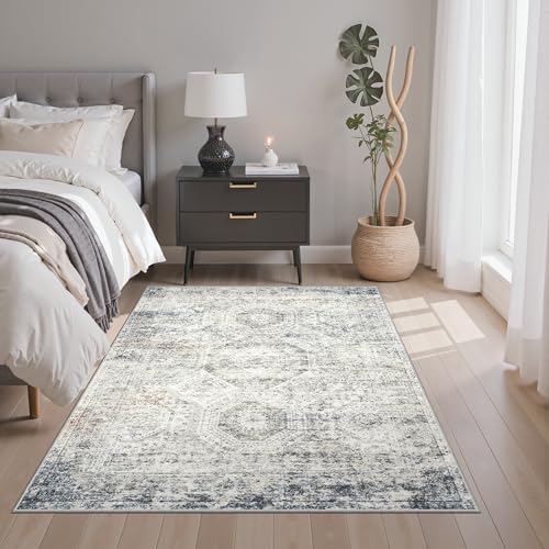 Soalmost 4x6 Area Rug for Living Room, Washable Rugs Non-Slip, Blue/Ivory - Image 2