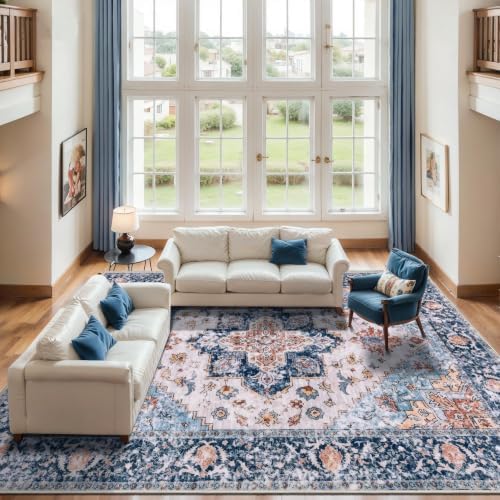 SERISSA 10x14 Washable Non Slip Boho Area Rug for Living Room，Blue Orange - Image 2