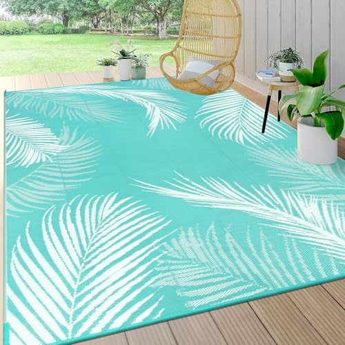 Pauwer Waterproof Outdoor Rug 6x9, Plastic Patio Mat, Leaf Light Blue by Pauwer