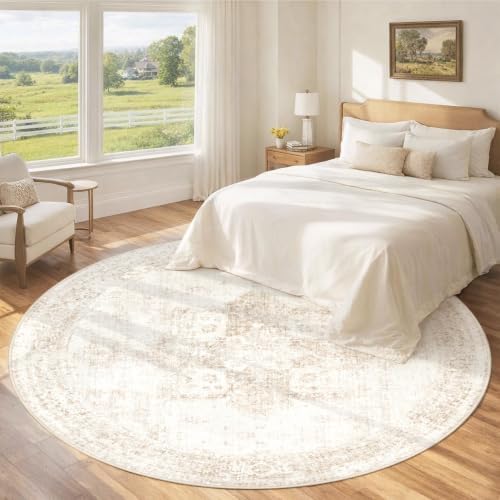 Round Rugs 6ft Washable Rug, Vintage Boho Medallion Rugs Non-Slip Soft Low Pile Circle Distressed Rug Indoor Retro Carpet for Living Room Bedroom Dining Room Home Office (Beige, 6' Round) - Image 3