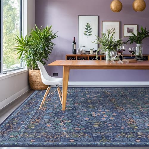 Hazo Haus Dark Blue Living Room Rug 8x10, Vintage Floral Washable Area Rugs for Bedroom, Dining Room Under Kitchen Table, Oriental Low Pile Stain Resistant Non-Slip Large Navy Indoor Decor - Image 6
