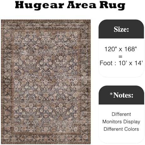 HUGEAR 10x14 Brown Blue Vintage Floral Washable Area Rug for Living Room - Image 2
