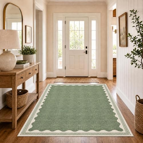 GarveeHome Scalloped 4x6 Rug Non-Slip Washable Low-Pile Carpet - Solid Sage Green Modern Rugs for Bedroom Living Room Nursery Kitchen Entryway Indoor Mat with Rubber Back by GarveeHome