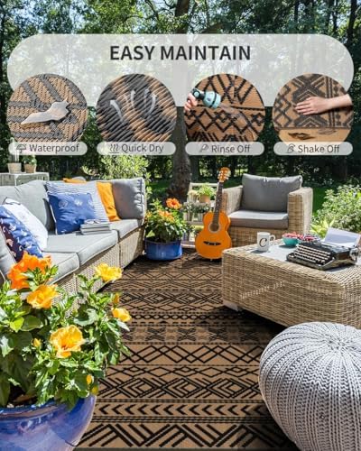 MontVoo Outdoor Rug Carpet Waterproof 9x12 Outdoor Patio Rug Mat Reverisble Plastic Straw Outdoor Rug for RV Camping Picnic Beach Balcony Boho Black Brown Large - Image 2