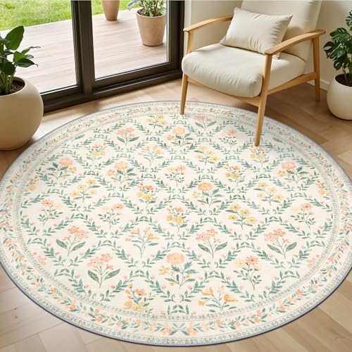 PLHXFR Round Area Rug Living Room: 4 ft Floral Washable Carpet Beige Multi by PLHXFRSoftAreaRugs