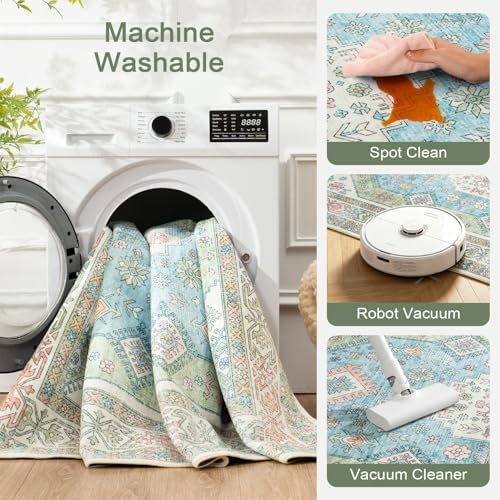 Lofus Living Room Rugs 8x10, Boho Sage Green and Light Blue Washable Carpet - Image 6