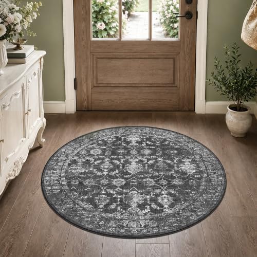 3ft Round Washable Office Rug Non-Slip Vintage Black Throw Carpet - Image 3