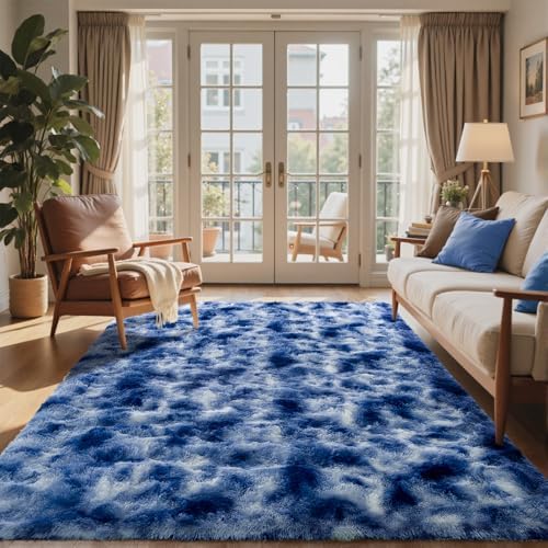 5x7 Ft Blue Shag Rugs for Bedroom Living Room Decor, Ultra Soft Fluffy Furry Area Rug for Indoor Floor, Aesthetic Carpet for Nursery Dorm Home Decor - Image 2