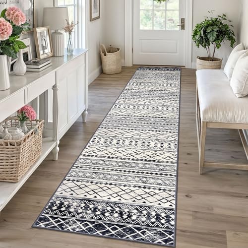 KUTA Moroccan Boho Geometric Washable Runner Rug 2x10 Black Navy Blue by KUTA