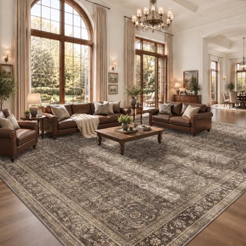 JOOJA 10x12 Dark Brown Vintage Soft Low Pile Washable Boho Large Area Rug by JOOJA