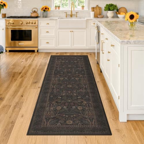 Washable Hallway Runner Rug 2'6"x8' - Floral Thin Entryway Rugs Indoor Non Slip, Traditional Botanical & Sunflower Kitchen Floor Mats (Brown and Black) - Image 3