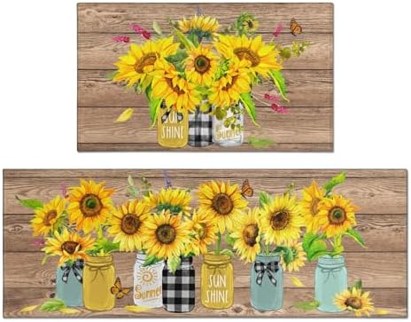 Sunflower Kitchen Rugs Set of 2,Farmhouse Style Kitchen Decor Kitchen Mat Non-Slip Washable,Farmhouse Kitchen Decor Anti Fatigue Floor Mat for Kitchen Sink Laundry Room, 17x30+17x47Inch by Twyt+decor