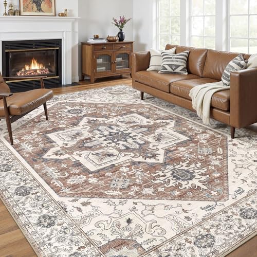 Area Rug 7x9 for Living Room - Washable Oriental Vintage Floral Distressed Large Indoor Carpets with Non Slip Back for Bedroom Dining Room Nursery Office Home Decor -Terracotta/Brown by homewill