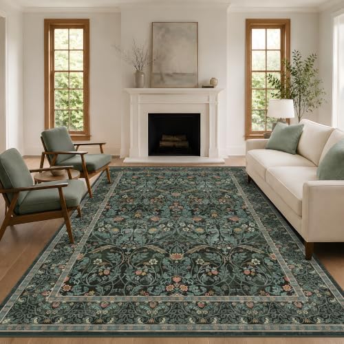 Dark Green 5x8 Dining Room Rug, Floral Washable Soft Non Slip Area Rugs for Living Room Bedroom Home Office Classroom, Vintage Indoor Décor, Botanical Pattern (Olive Green) by Evyhood