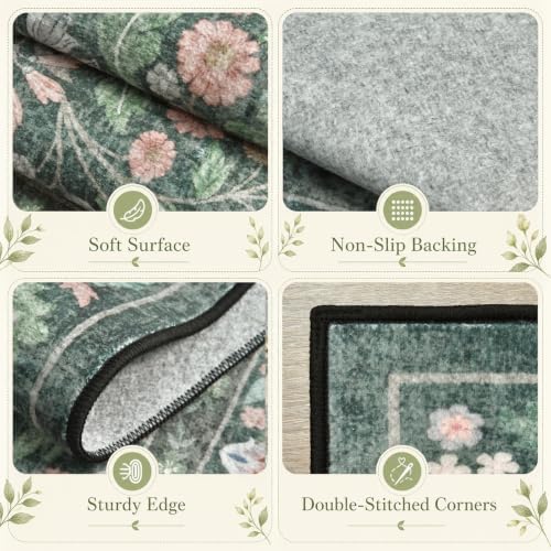 Floral Indoor Entrance 3x5 Area Rug, Washable Vintage Boho Entryway Rugs, Low Pile Non Slip Soft Carpet for Kitchen, Bedroom Beside, Laundry Room, Office Rug, Kids Room, Nursery Room， Green - Image 6
