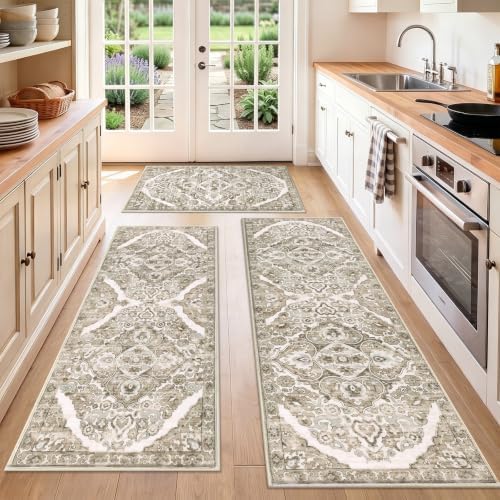 HEBE Boho Kitchen Rugs Set of 3, Non Slip Washable Kitchen Mats for Floor by HEBE