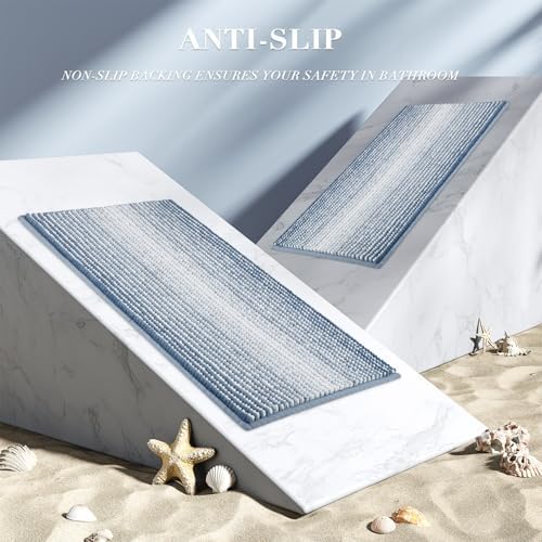 BSICPRO Bathroom Rugs Sets 2 Piece, Non Slip Striped Bath Mats, Fog Blue - Image 3