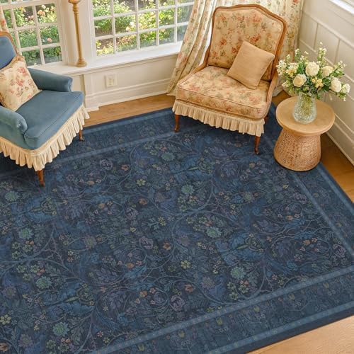 Dark Blue 5x8 Boho Living Room Rug - Small Washable Rugs for Dining Room, Non Skid & Low Pile Soft Carpet for Bedroom Under Bed, Nature Botanical Pattern Mats - Image 3