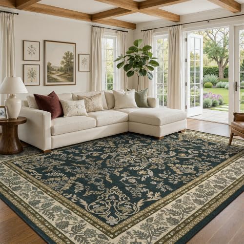 DCX 8x10 Area Rug Living Room: Washable Botanical Carpet Black and Beige - Image 3