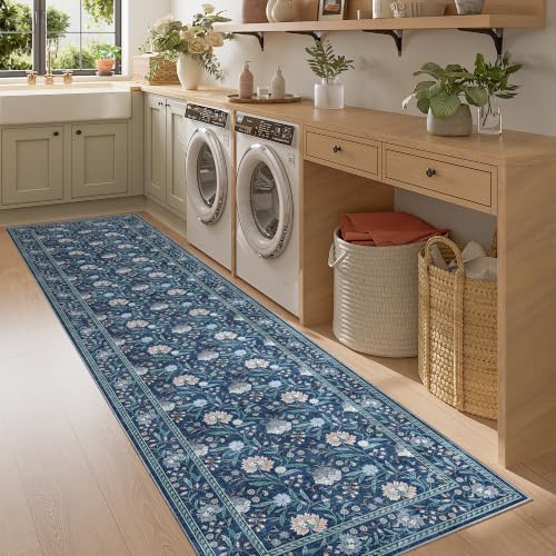 DUKINO 2x8 Runner Rug, Washable Vintage Floral Kitchen Rugs, Dark Blue - Image 5