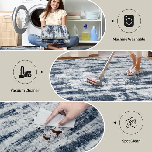 8x10 Area Rugs for Living Room: Washable Abstract Blue Grey Bedroom Carpet - Image 4