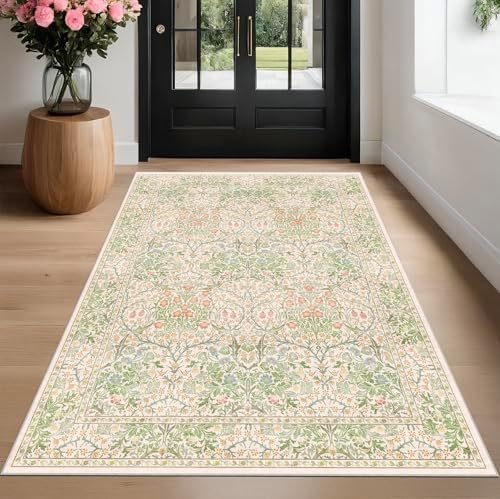 Beige Green 4x6 Washable Area Rug for Living Room, Large Entryway, Nursery, Bedroom, Kitchen, Ultra Soft Non Slip Stain Resistance, Floral Distressed Aethestic Design - Image 3