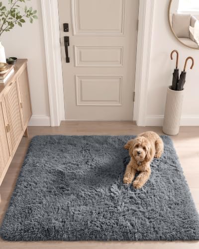OLANLY 2x3 Machine Washable Small Bedside Rug, Soft Fluffy Shaggy Entryway Throw Rugs for Bedroom, Living Room, Indoor Floor Carpet for Kids Girls and Boys, Nursery Rooms, Home Decor Aesthetic, Grey - Image 5