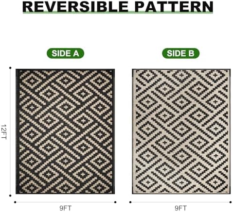 RURALITY Outdoor Rugs 9x12 Feet for Patios Clearance,Plastic Straw Waterproof Mats for Backyard,Porch,Deck,Balcony,Black&Beige - Image 2