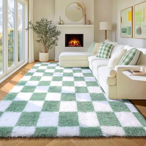 KICMOR Fluffy Sage Green and White Rugs Living Room Carpet, 5x7 Large Fuzzy Checkered Shag Area Rug for Bedroom Aesthetic, Furry Soft Plush Shaggy Rug for Nursery Kids Girls Boys Room Home Decor - Image 5
