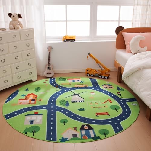 Amazon Basics Kids Washable Round Area Rug, Circle Printed Carpet Play Mat for Living Room, Bedroom, Nursery, Classroom, 4' R, City Road Green by AmazonBasics