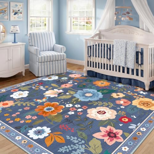 RELEANY Floral Washable Square 6ft Area Rug Blue/Grey - Image 6
