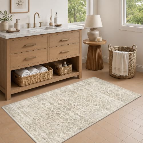 JOOJA 2x4 Beige Vintage Floral Low Pile Non Slip Washable Boho Runner Rug - Image 2