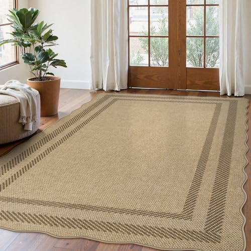 LIVEBOX Scalloped Washable 5x7 Outdoor Rug, Easy Jute Tan Rugs for Living Room, Indoor Geometric Rug for Bedroom, Farmhouse Non-Slip Rug Dining Room Mat Modern Carpet Area Rug for Patio Home Office by LIVEBOX