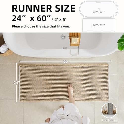 TYUU Waffle Runner Rug Bathroom, Long Boho Bath Mat, 60x24 Khaki & White - Image 2