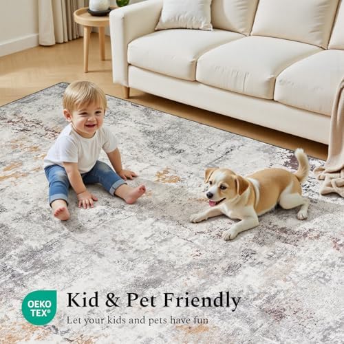 Rugflix 5x7 Area Rugs for Living Room, Washable Beige Grey Large Rug - Image 6