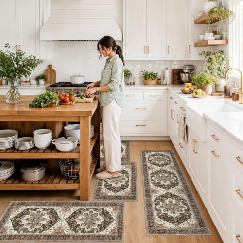 Kitchen Rug Sets 4 Piece Non-Slip: Washable Boho Kitchen Mats for Floor with Rubber Backing - Vintage Soft Low Pile Carpet Runner Throw Rugs for Sink,Entryway,Hallway,Bathroom(Brown,2x3+2x4+2x5+2x6) - Image 3