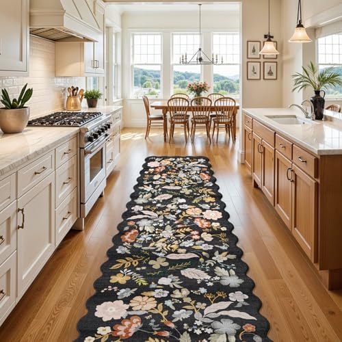 3x15 Hallway Runner Rug Washable: Scalloped Floral Long Kitchen Rug Black - Image 2