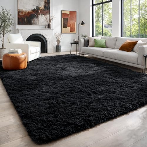 Fluffy Bedroom Rugs Black Neutral Living Room Area Rug Shaggy Carpet 4x6 Ft - Image 6
