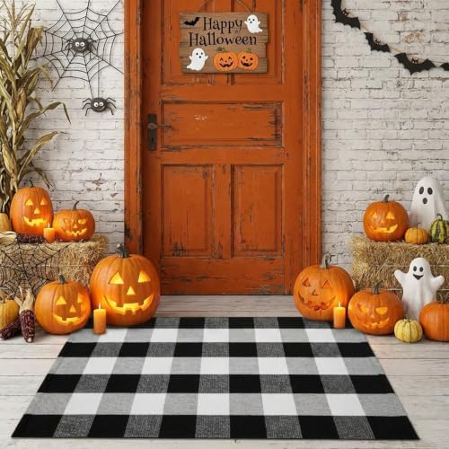 MUBIN Cotton Buffalo Plaid Rug, 27.5x43 Black and White Outdoor Rug Front Door Decorative Mat, Washable Doormat Foldable Area Rug Layered Door Mats Rug for Front Porch, Entryway, Patio (Pack of 2) - Image 2