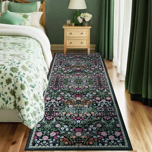PLHXFR 2x5 Washable Runner Rug：Floral Indoor Kitchen Carpet Dark Green - Image 2