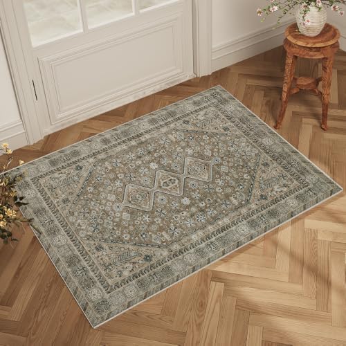 2'x3' Vintage Beige Brown Rug, Washable Non-Slip Non-Shed Decor Carpet by Unknown