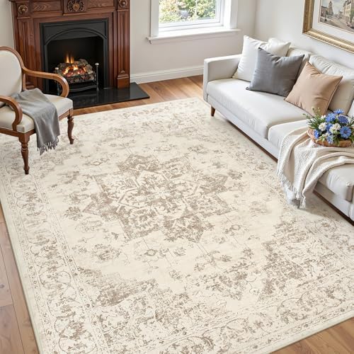 6x9 Area Rugs Living Room: Bedroom Washable Carpet Beige/Ivory - Image 3