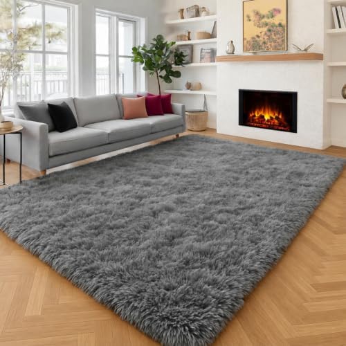 8x10 Living Room Rug Grey, Soft Large Rugs for Bedroom, Thick Shaggy Carpet by PAGISOFE